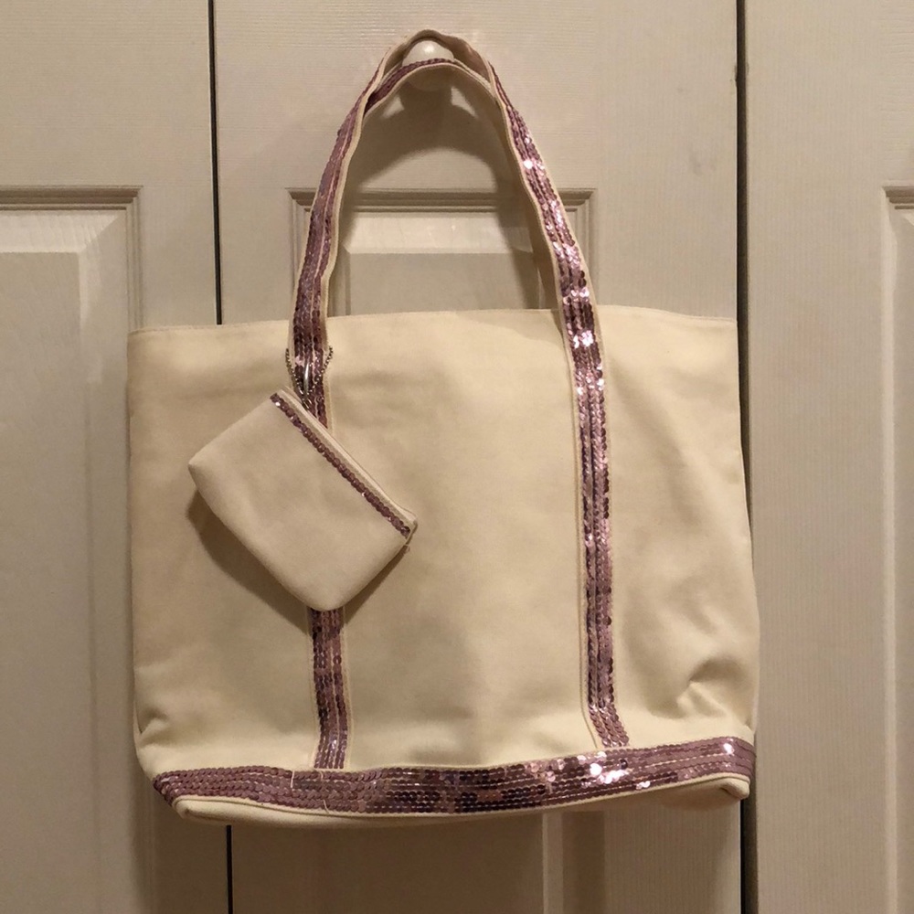 Lancôme cream tote with pink sequins